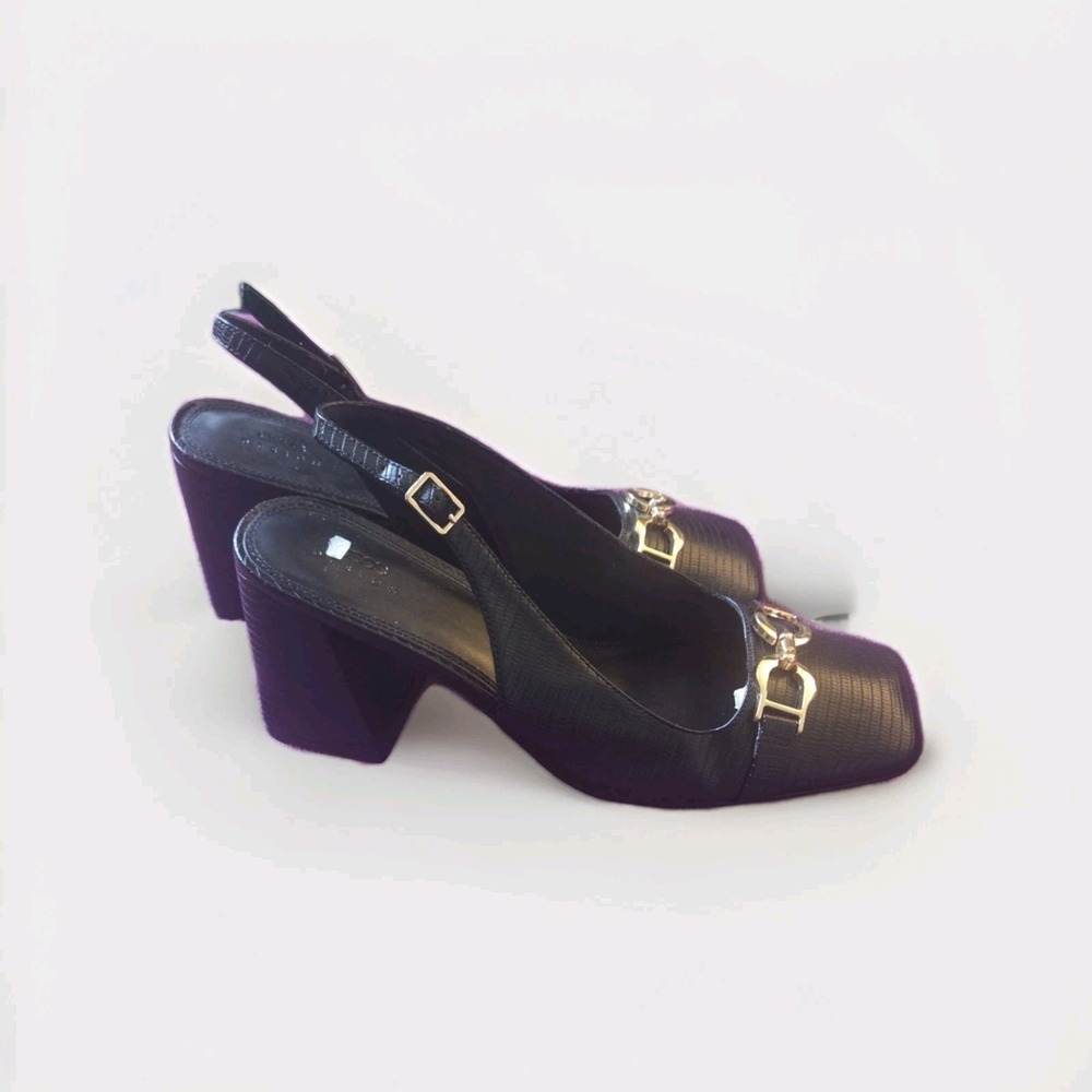 ASOS Design Black Lizard Slingback Block Heels Horsebit Square Toe Size 12